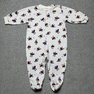Vintage Agabang 12 Months One Pc White Blue Striped Teddy Bear Baseball Jumpsuit